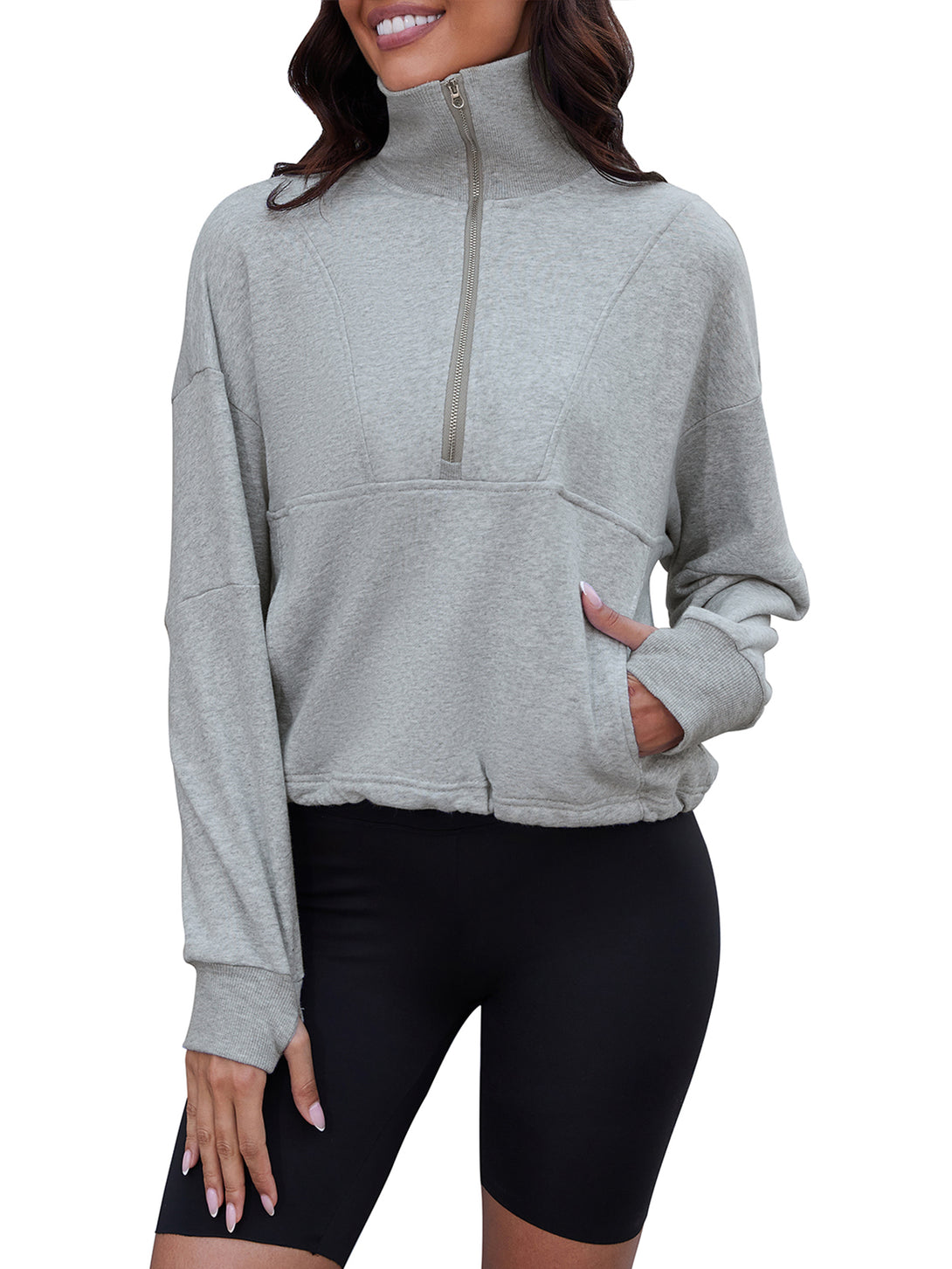 Womens Half Zip Cropped Sweatshirt Quarter Zip Pullover Women Long Sleeve Fall Hoodies with Pockets