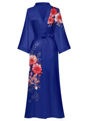 Women's black floral satin kimono robe - 10