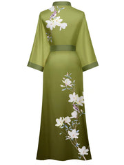 Women's green print satin kimono robe - 10