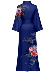 Women's blue print satin kimono robe - 8