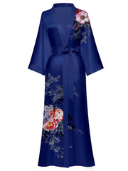 Women's blue print satin kimono robe - 7