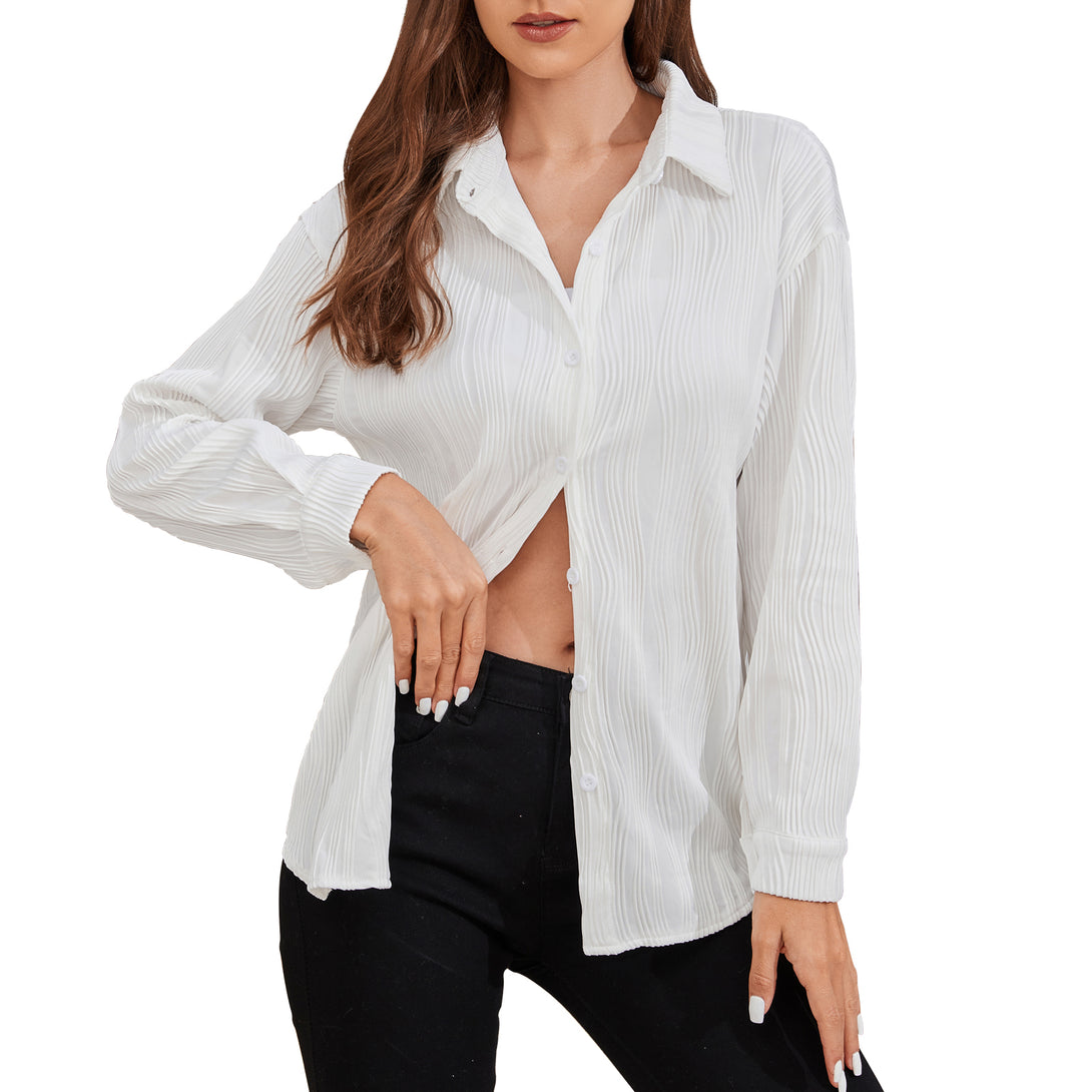 Womens Long Sleeve Button Down Shirts for Women Wave Textured Blouses for Women Dressy Casual Office Work Blouses Tops