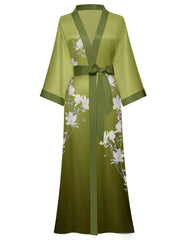 Women's green print satin kimono robe - 17
