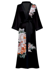 Women's black print satin kimono robe - 3