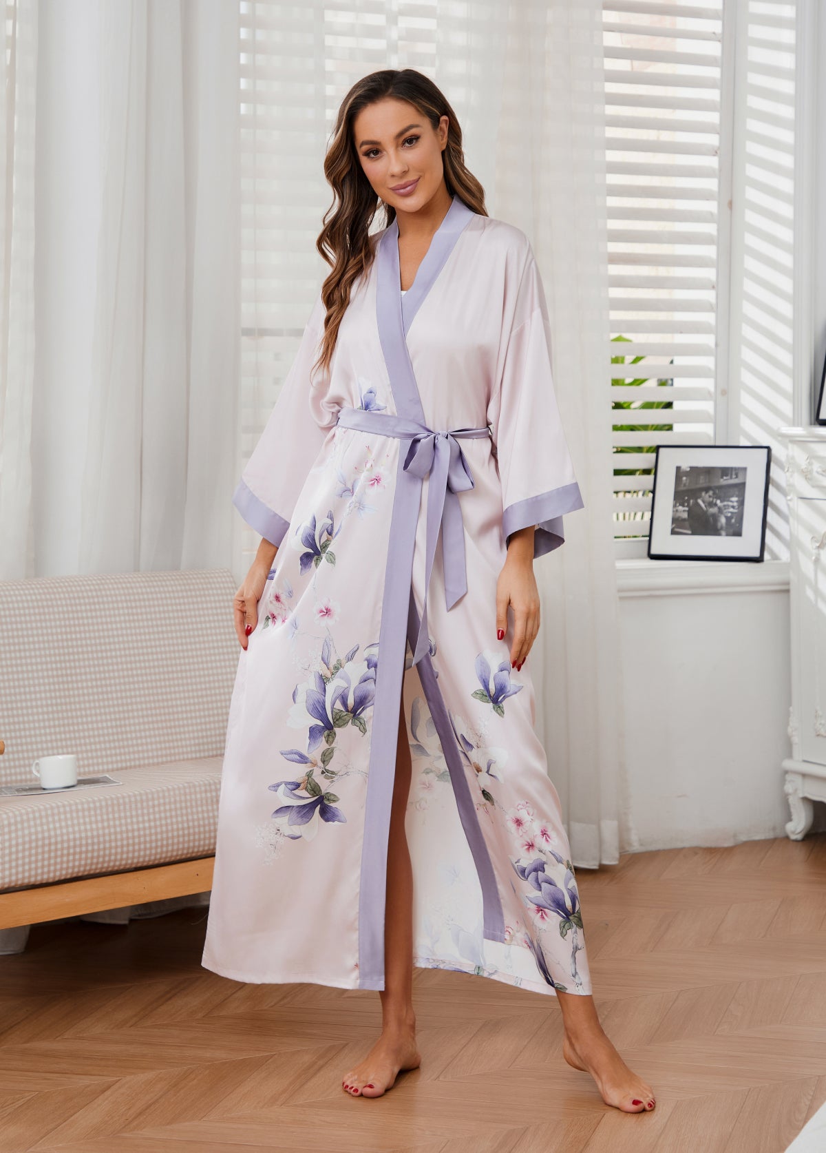 Women's white satin kimono robe - 3