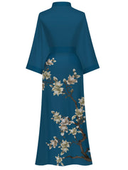 Women's black floral satin kimono robe - 9