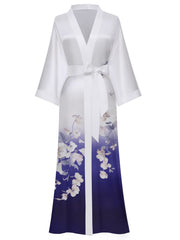 Women's blue floral satin kimono robe - 11