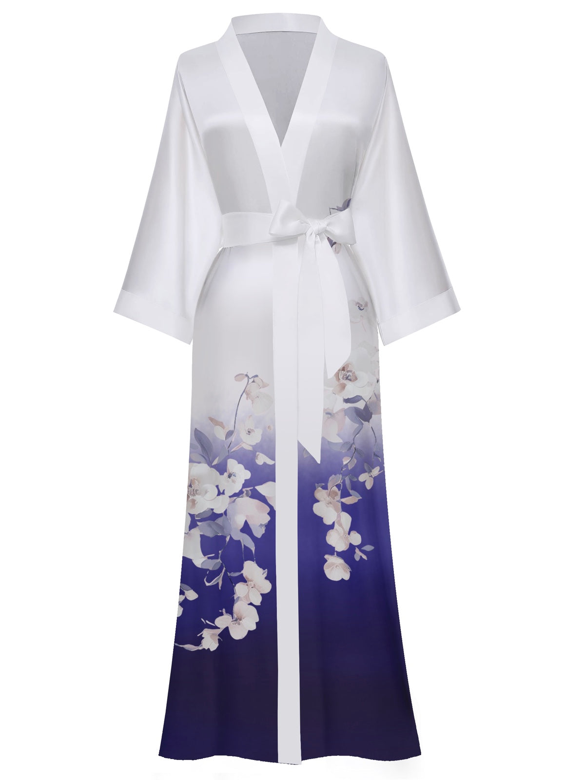 Women's blue floral satin kimono robe - 11