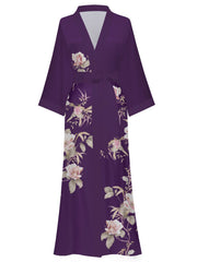 Women's black floral satin kimono robe - 14