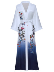 Women's blue floral satin kimono robe - 13