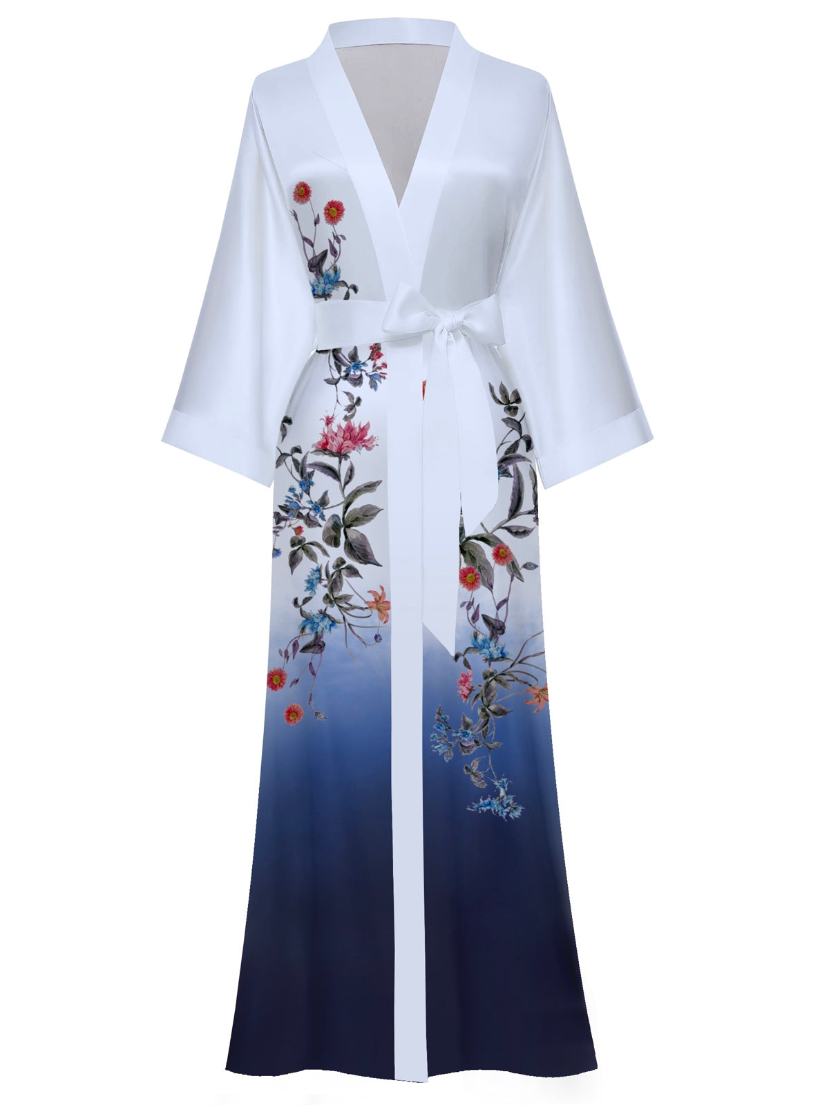 Women's blue floral satin kimono robe - 13