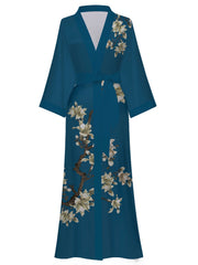 Women's black floral satin kimono robe - 8